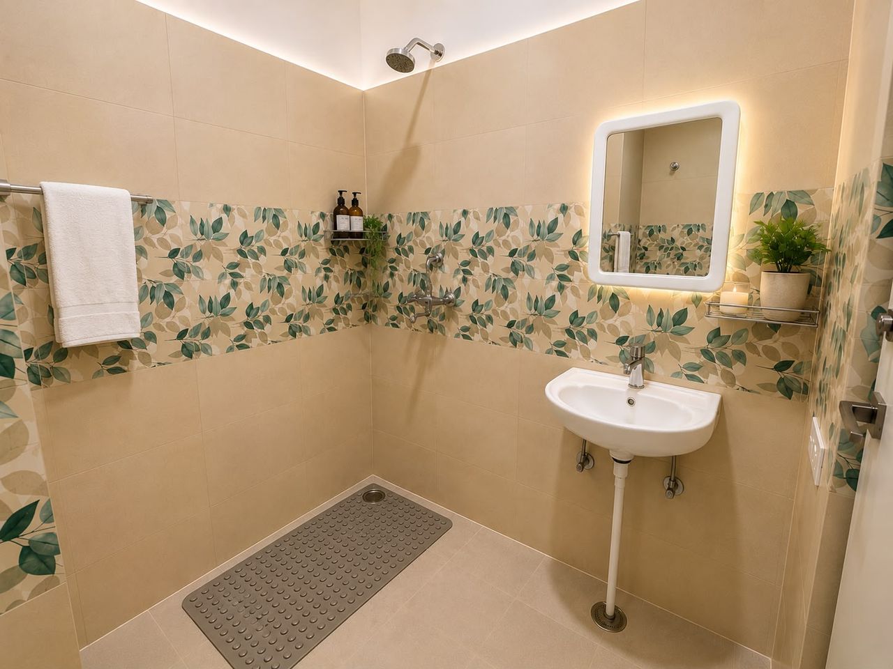 En-suite bathroom with botanical leaf-patterned tiles, a backlit mirror, fresh white towels and stocked toiletries