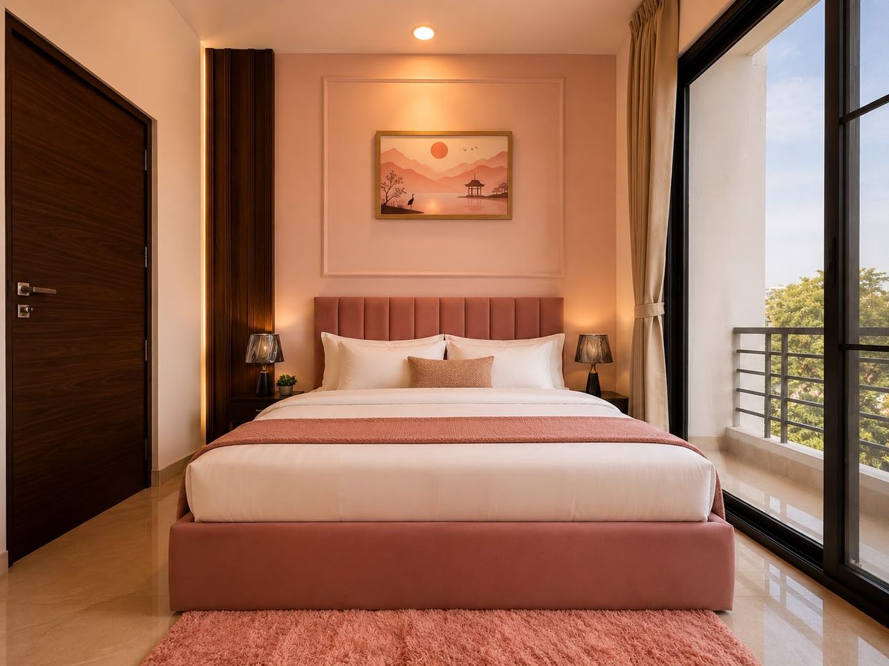 Blush-toned bedroom at Sukesar Stays with a velvet bed, warm bedside lamps and a private balcony opening onto trees
