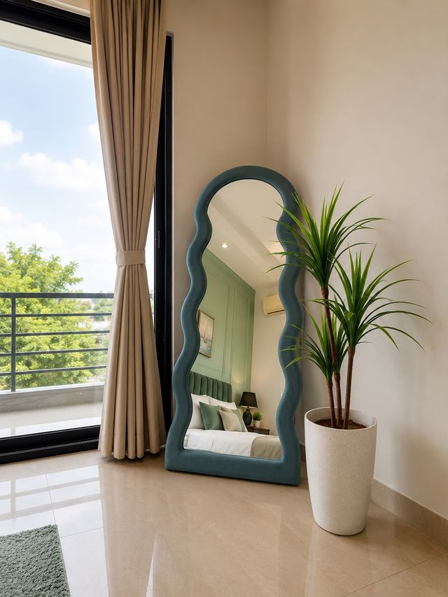 Sculptural wavy teal mirror beside a floor-to-ceiling balcony door in a sage green bedroom